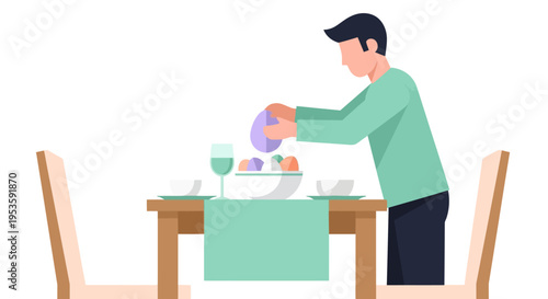Man setting the dining table with a bowl of colorful Easter eggs for holiday celebration dinner preparation