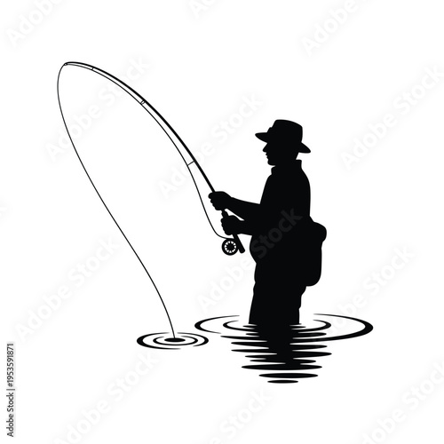 Silhouette of a fly fisherman casting a line in calm water
