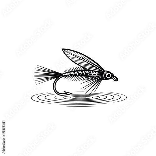 A detailed black and white illustration of a fishing fly on water
