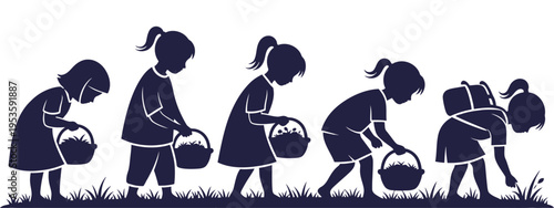 Silhouette of little girls with baskets searching for hidden Easter eggs in the grass during spring holiday