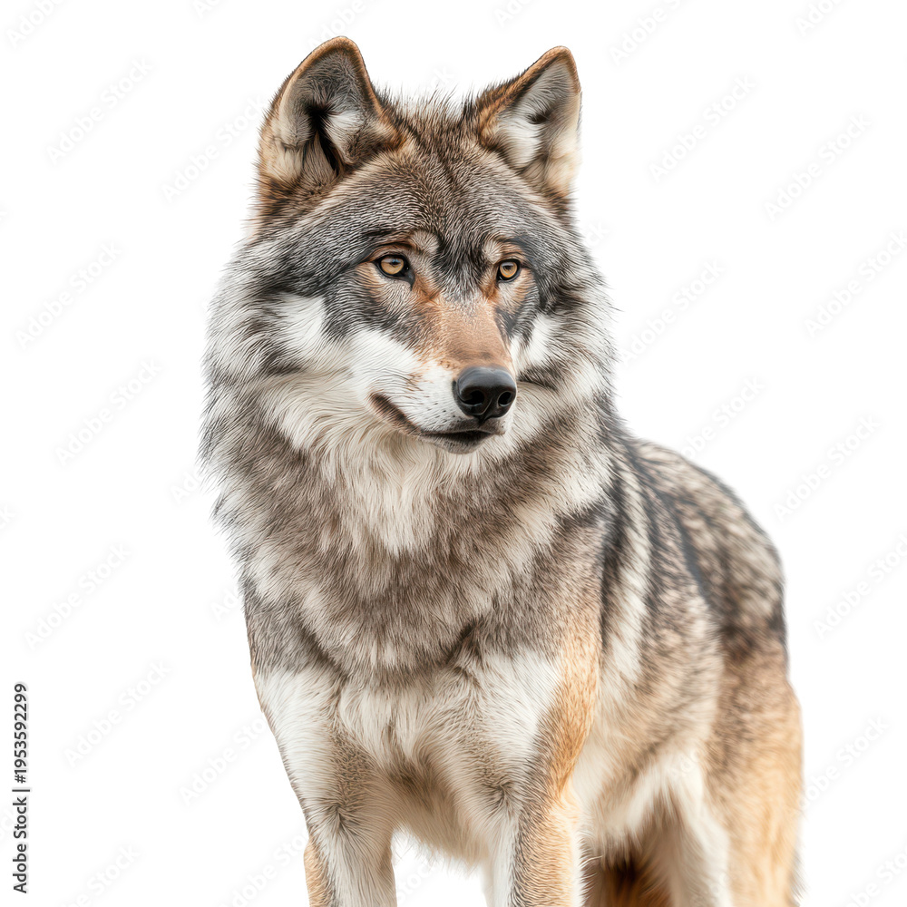 Fototapeta premium Wolf stands upright with alert posture in front of a plain white background during daylight hours in a natural setting
