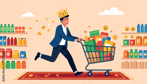 Customer is king, client want is most important, user experience or customer centric marketing strategy concept, happy man customer wearing king crown running with shopping cart ready to buy product