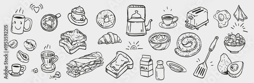 Cute Breakfast Doodle Set with Coffee Cups, Sandwich, Croissant, Donut, Milk, Avocado and Bakery Food, Hand Drawn Morning Icons.