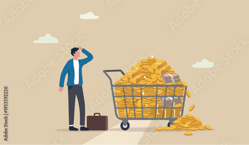 Success is of on vestor, rich man making money from business or investment, income and revenue, budget, saving or profit concept,to rich and successful businessman with load of money golden coin