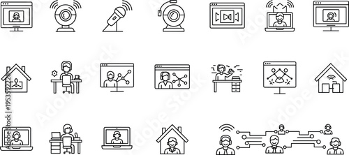 Remote work and online communication line icons with video conference home office analytics and digital collaboration vector illustration set