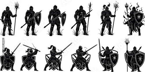 Medieval knight silhouettes with sword shield and spear warrior poses dark fantasy battle characters vector illustration set