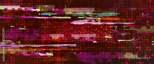 Red digital glitch background with distorted pixel patterns and screen noise effects. Vector realistic illustration of computer error bg, hacker attack on security system, bad signal, data breach
