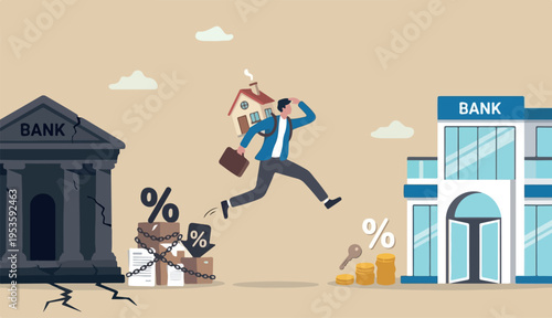 Refinance change mortgage agreement bank, replace debt into obligation better interest rate, housing loan real estate investment concept, businessman house jump new bank