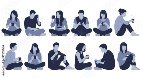 People silhouette collection drinking coffee or tea in various sitting pose