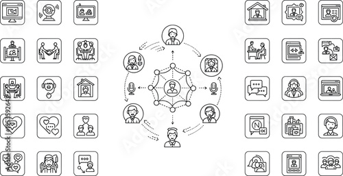 Business communication and remote teamwork line icons with networking collaboration video meeting and digital workflow vector illustration set