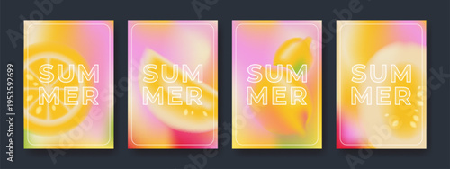 Summer gradient backgrounds with abstract blurred fruit shapes, set of vector cards. Fresh colorful defocused illustration with lemon and melon slices elements. Modern minimal banner design