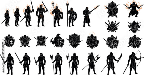 Dark fantasy warrior silhouettes and heraldic shields with flaming knights swords axes and battle emblems vector illustration set