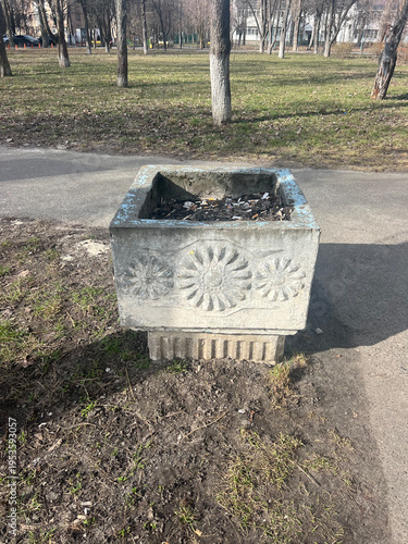 Flower Pot concrete planter in a public park spring, Kyiv, Ykraine