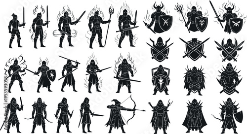 Dark fantasy warrior silhouettes collection with flaming knights archers swords shields and medieval battle characters vector illustration set