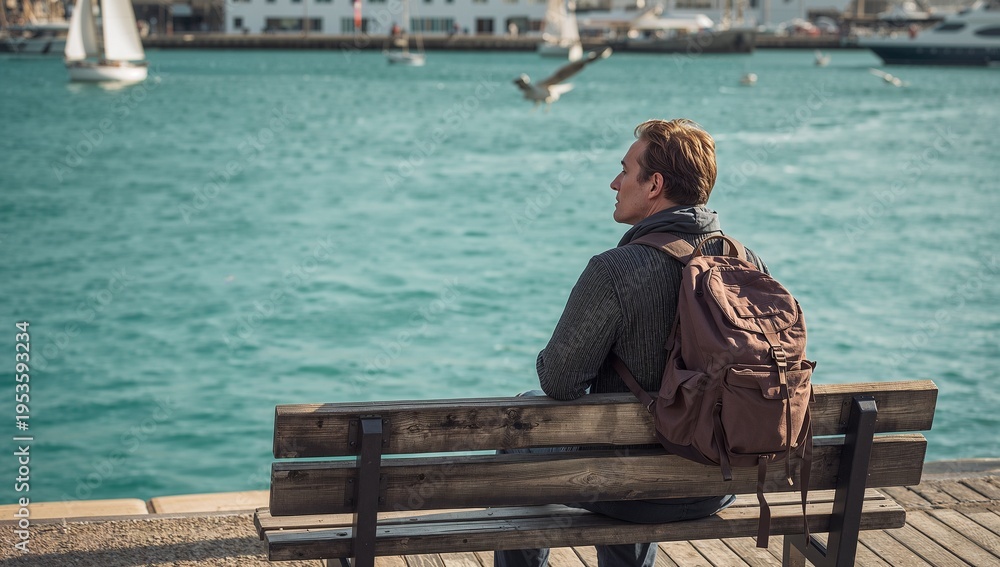 Fototapeta premium Sitting man wearing knit sweater scarf on pier bench, viewing sailboats, backpack, copy space
