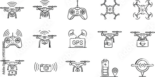 Drone Technology Outline Icon Set Featuring Quadcopter UAV Remote Controller GPS Navigation Camera Signal Battery and Aerial Photography Equipment Symbols