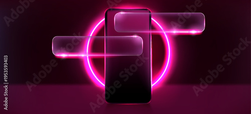 Modern smartphone and glass morphism message bubbles on dark background with neon pink light. Vector realistic illustration, gadget mockup with empty screen, product display with transparent frames