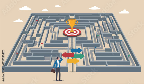 Path or business decision concept, contemplation businessman finding the way in labyrinth to reach target