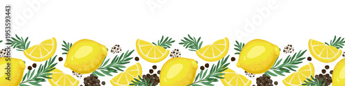 Seamless border of lemon slice and rosemary. Lower vector hand drawn food illustration for kitchen menu and restaurant template. Cartoon repeat black peppercorn drawing perfect for washi tape graphic.