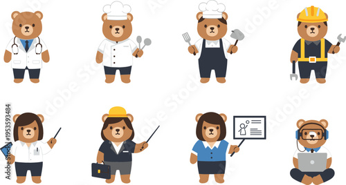 Cute Bear Professions Set Featuring Doctor Chef Mechanic Engineer Teacher Businessman and Programmer Cartoon Characters for Kids Illustration Collection