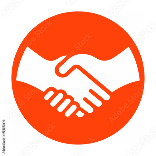 Vector of two hands shaking inside a bright orange circle symbolizing agreement
