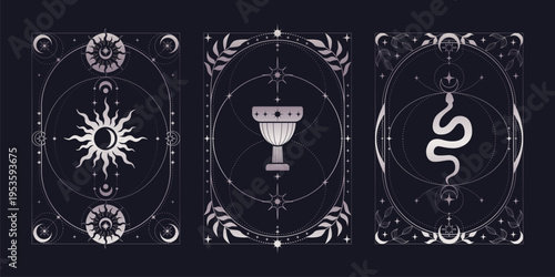 Magic black tarot cards set, celestial moon and sun icons. Vector realistic illustration of mystic vintage cards with silver floral border, snake and star ornaments, esoteric symbols, astrology signs