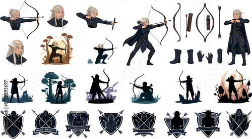 Fantasy elf archer character kit with poses silhouettes weapons armor shields and game asset elements vector illustration set