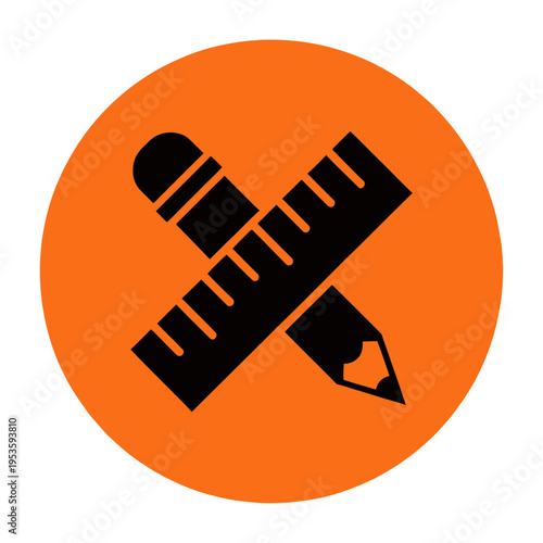 Black ruler and pencil vector icon on an orange circular background