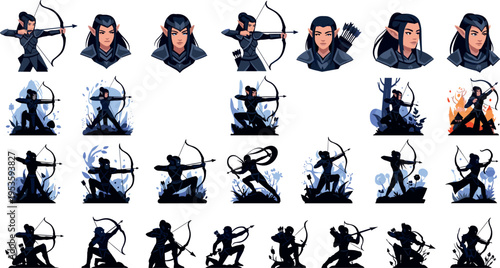 Fantasy elf archer character poses and silhouettes with bow aiming shooting action scenes game design vector illustration set
