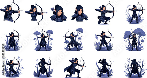 Fantasy elf archer character poses collection with bow aiming shooting actions forest style game design vector illustration set