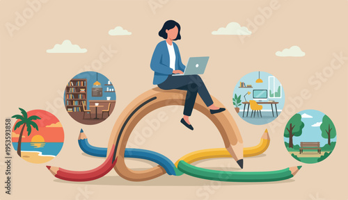 Flexible work, remote work anywhere anytime, employee choice to choose time and location for productivity and creativity concept, cheerful woman enjoy working with computer laptop on flex bent pencil