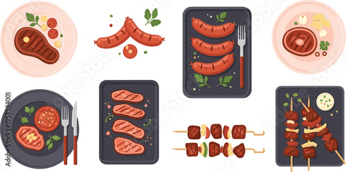 Grilled Meat Dishes Collection with Sausages Steaks Skewers and Barbecue Plates Top View for Restaurant Menu and Food Illustration