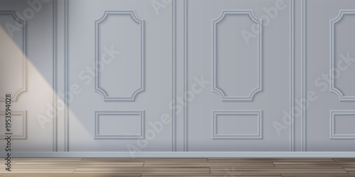 Realistic wall panels with classic wooden frames and decorative moulding, 3d luxurious interior vector background. Victorian room design with sun light beams and wood floor, vintage house decor