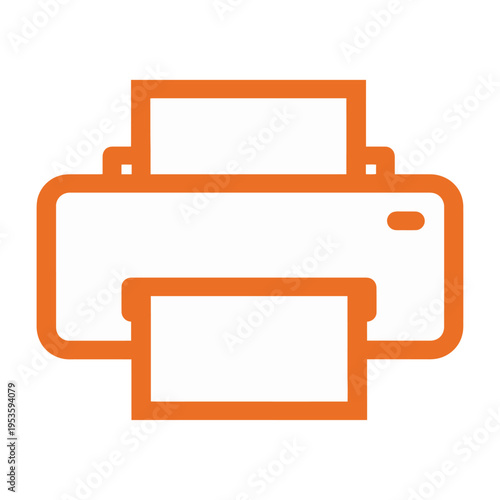 Orange vector graphic of a simple printer with paper ejecting from the output tray