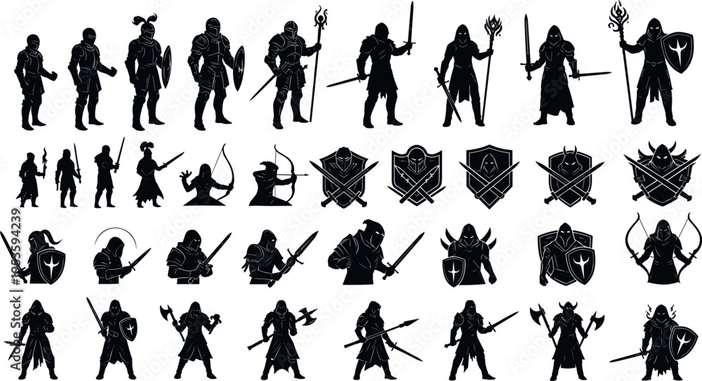Fototapeta premium Fantasy warrior silhouettes collection with knights archers shields swords and medieval character poses black vector illustration set