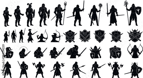 Fantasy warrior silhouettes collection with knights archers shields swords and medieval character poses black vector illustration set