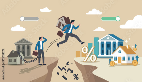 Refinance change mortgage agreement bank, replace debt to obligation better interest rate, housing loan real estate investment concept, businessman house jump new bank