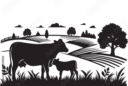 Agriculture field and grazing cows silhouette background.