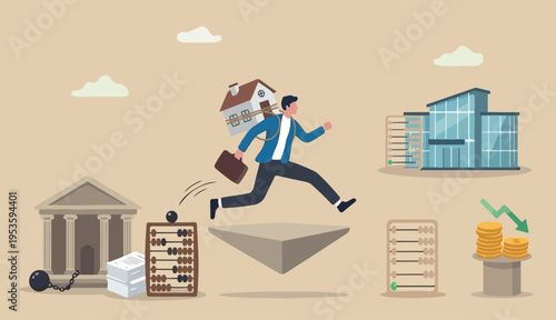 Refinance change mortgage agreement to new bank, replace debt obligation with better interest rate, housing loan real estate investment concept, businessman with his house jump new bank