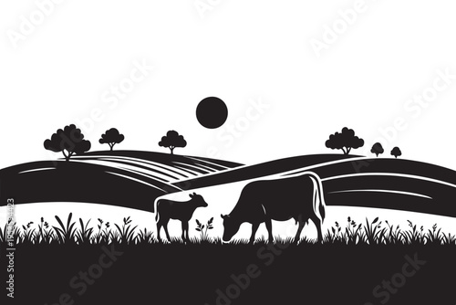 Agriculture field and grazing cows silhouette background.