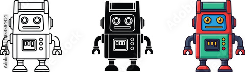 Cute robot characters in line, silhouette, and colorful versions on white background
