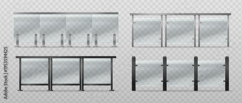 Modern glass balcony railing with black and silver metal frame and transparent panels, realistic 3D vector illustrations isolated on background. Balustrade for terrace, office building or pool barrier