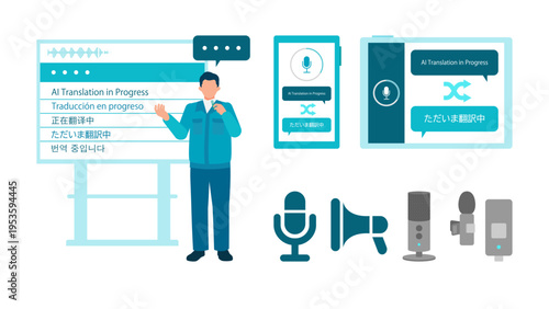 Five-language simultaneous translation digital signage illustration set with male worker in workwear using AI translation app interface showing real-time multilingual communication solution