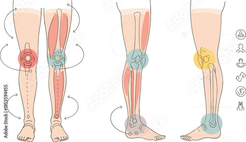 Leg Pain Relief Infographic Showing Muscle and Joint Therapy Points for Knee Ankle and Hip with Medical Treatment and Physiotherapy Illustration