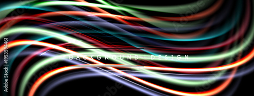 Abstract wavy lines, vibrant colors, dark background. Modern design element, smooth curves, dynamic flow.