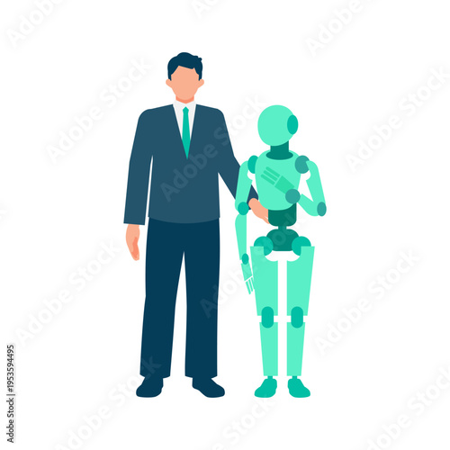 Businessman collaborating with a personal virtual assistant AI robot for business process automation and digital transformation to enhance productivity in a modern smart office environment