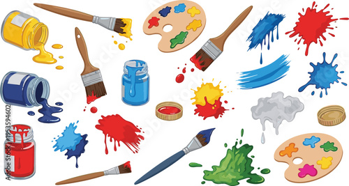 Paint Brushes and Color Splashes Set with Acrylic Paint Jars Palettes and Artistic Stains for Creative Design and Art Studio Illustration