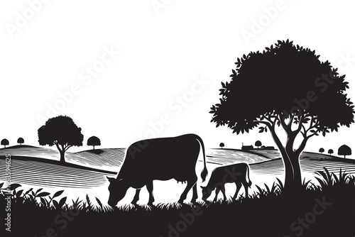 Mother cow and calf grazing countryside farm black silhouette vector illustration.