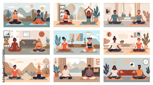 A calming illustration of a person meditating. Ideal for concepts related to wellness, mindfulness, relaxation, and mental health. Perfect for blog po