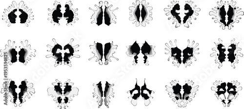 Rorschach Inkblot Test Set with Symmetrical Abstract Shapes Psychological Analysis Patterns and Black Ink Stains Collection for Diagnostic and Artistic Use
